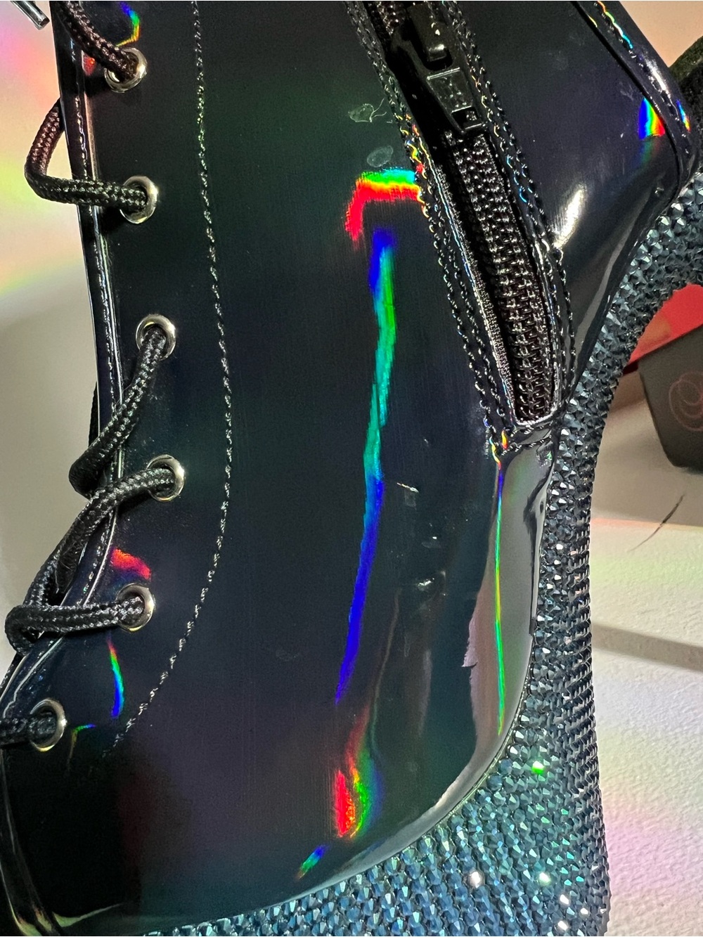 Pleaser Holographic Black Platform Rhinestone Lace-Up Boots sz 12 read post - Picture 7 of 16